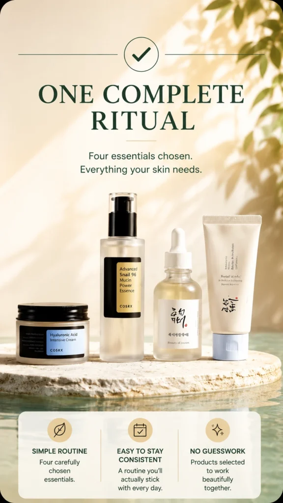Apple of Youth simplified Korean skincare routine comparing a cluttered multi-step routine with a curated four-product ritual.