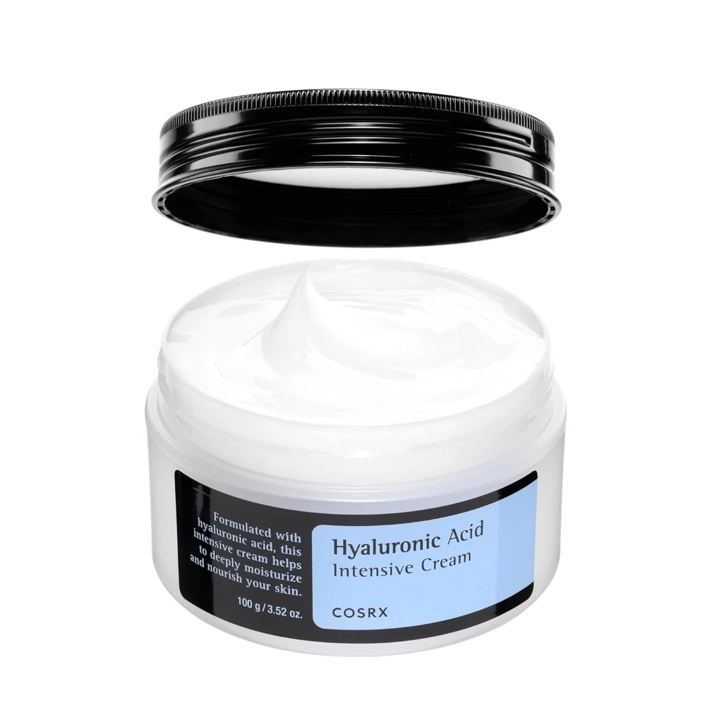 Open jar of COSRX Hyaluronic Acid Intensive Cream showing the cream texture