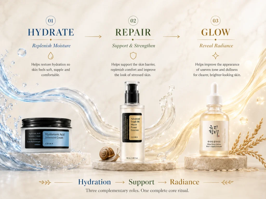 Apple of Youth Core Ritual 3-step Korean skincare bundle with HYDRATE, REPAIR and GLOW for hydration, barrier support and radiance.