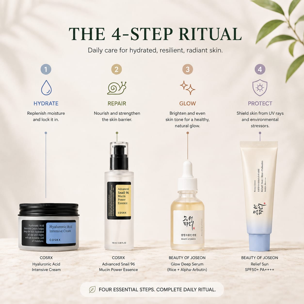 Apple of Youth 4-step Korean skincare ritual showing Hydrate, Repair, Glow and Protect