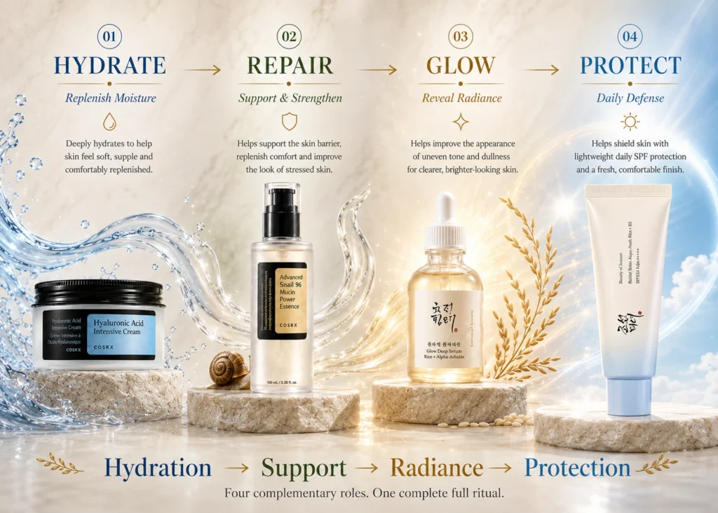 Apple of Youth Full Ritual four-step Korean skincare system showing Hydrate, Repair, Glow and Protect