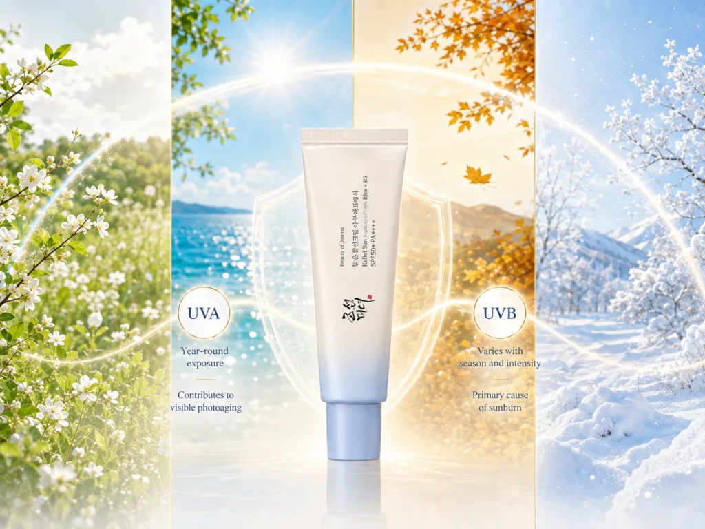 Beauty of Joseon Relief Sun Aqua-Fresh SPF50+ shown across spring, summer, autumn and winter for year-round daily UV protection