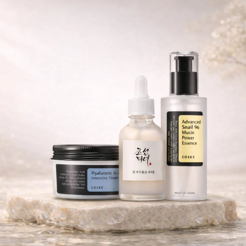 Core Ritual Bundle featuring Korean skincare essentials including hydrating cream, glow serum and repair essence.