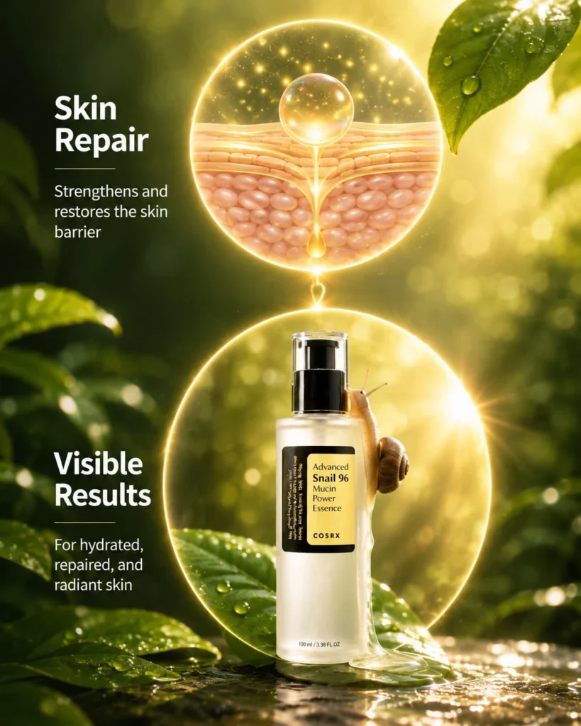 COSRX Snail 96 essence visual showing skin barrier support and hydrated radiant skin