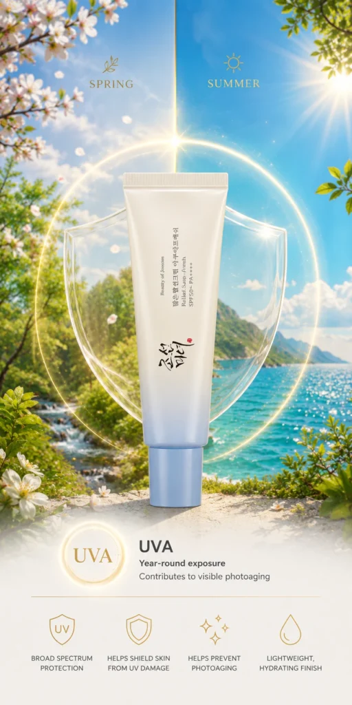 Beauty of Joseon Relief Sun Aqua-Fresh SPF50+ with spring and summer scenery highlighting year-round UVA protection